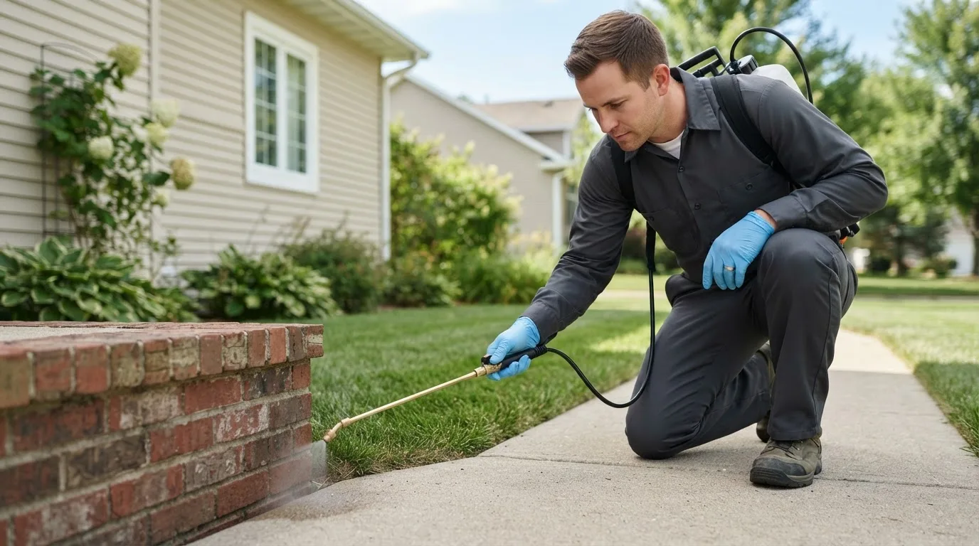 Pest control technician treating a home near Remus, MI