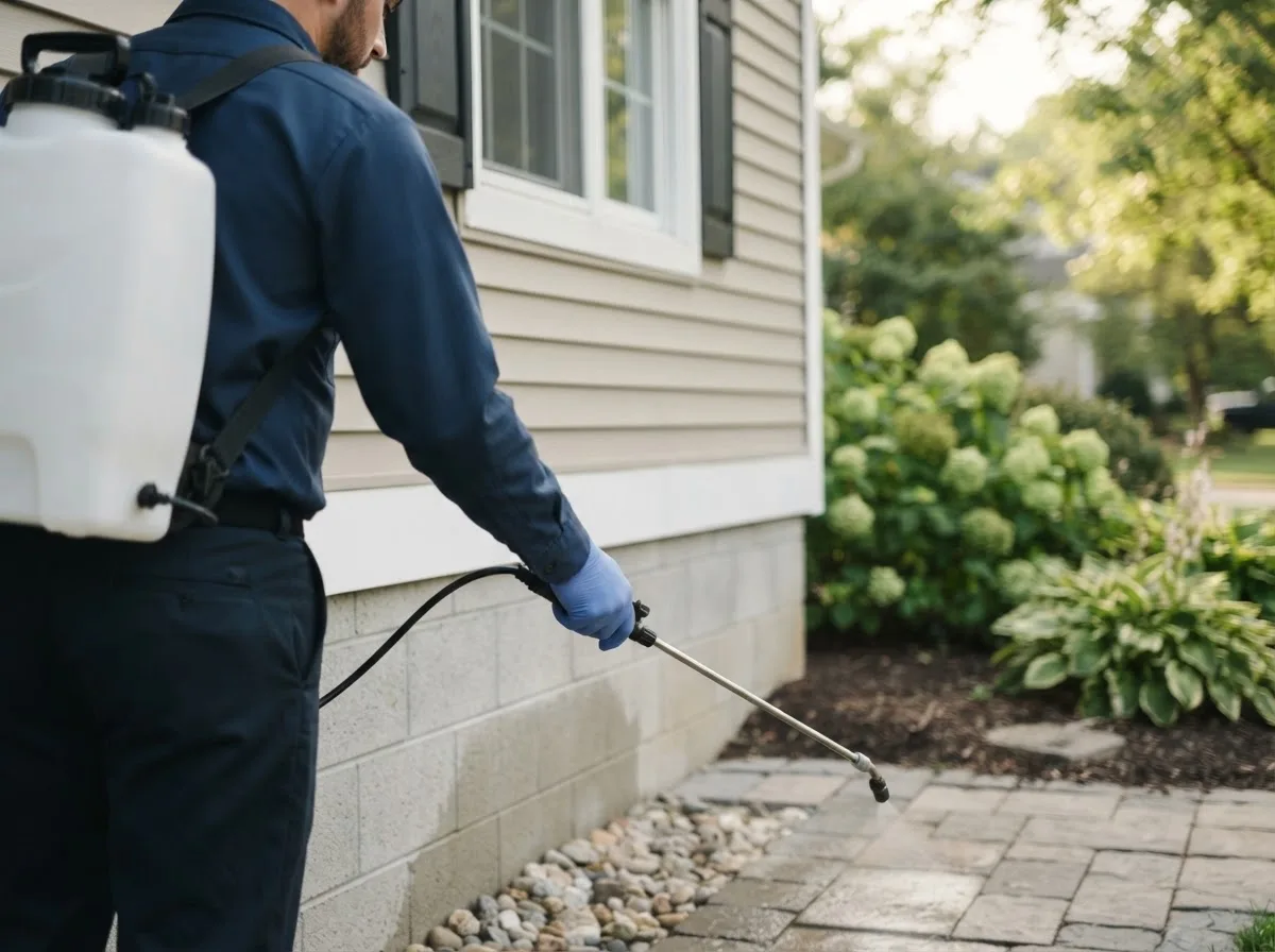 Pest control technician inspecting a home in Remus, MI